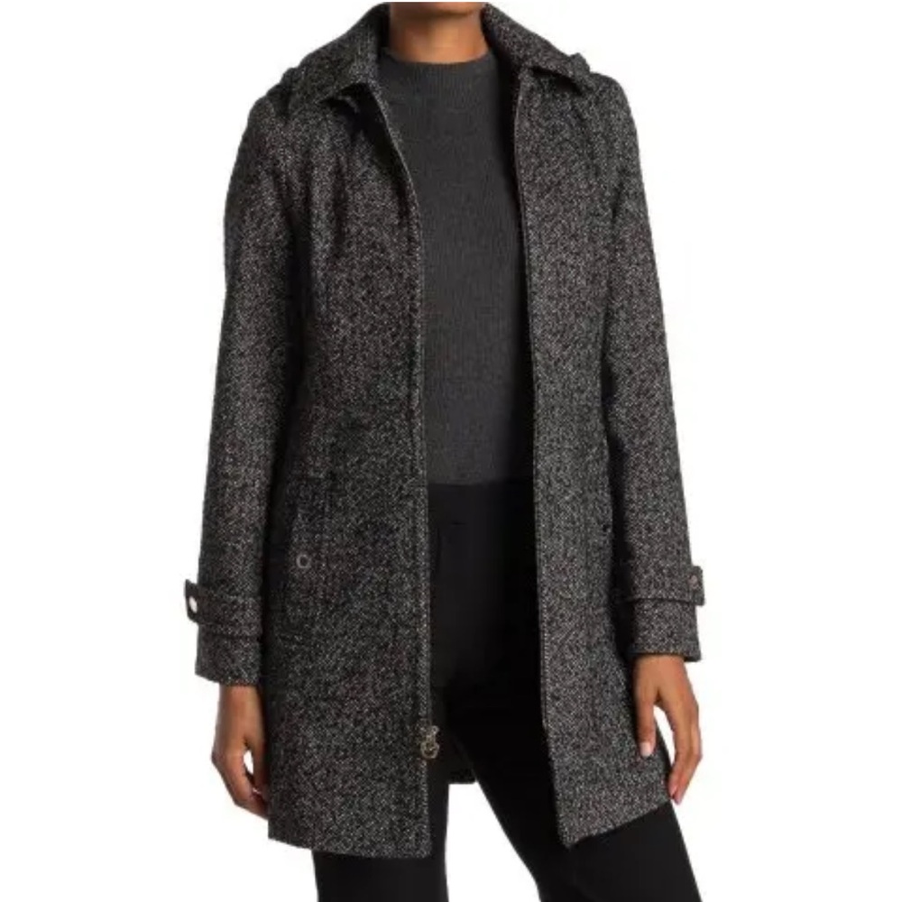 ❤️ GUC! ❤️ Michael Kors Chevron Gold Accents Hooded Wool Zip Pea Coat Medium ❤️